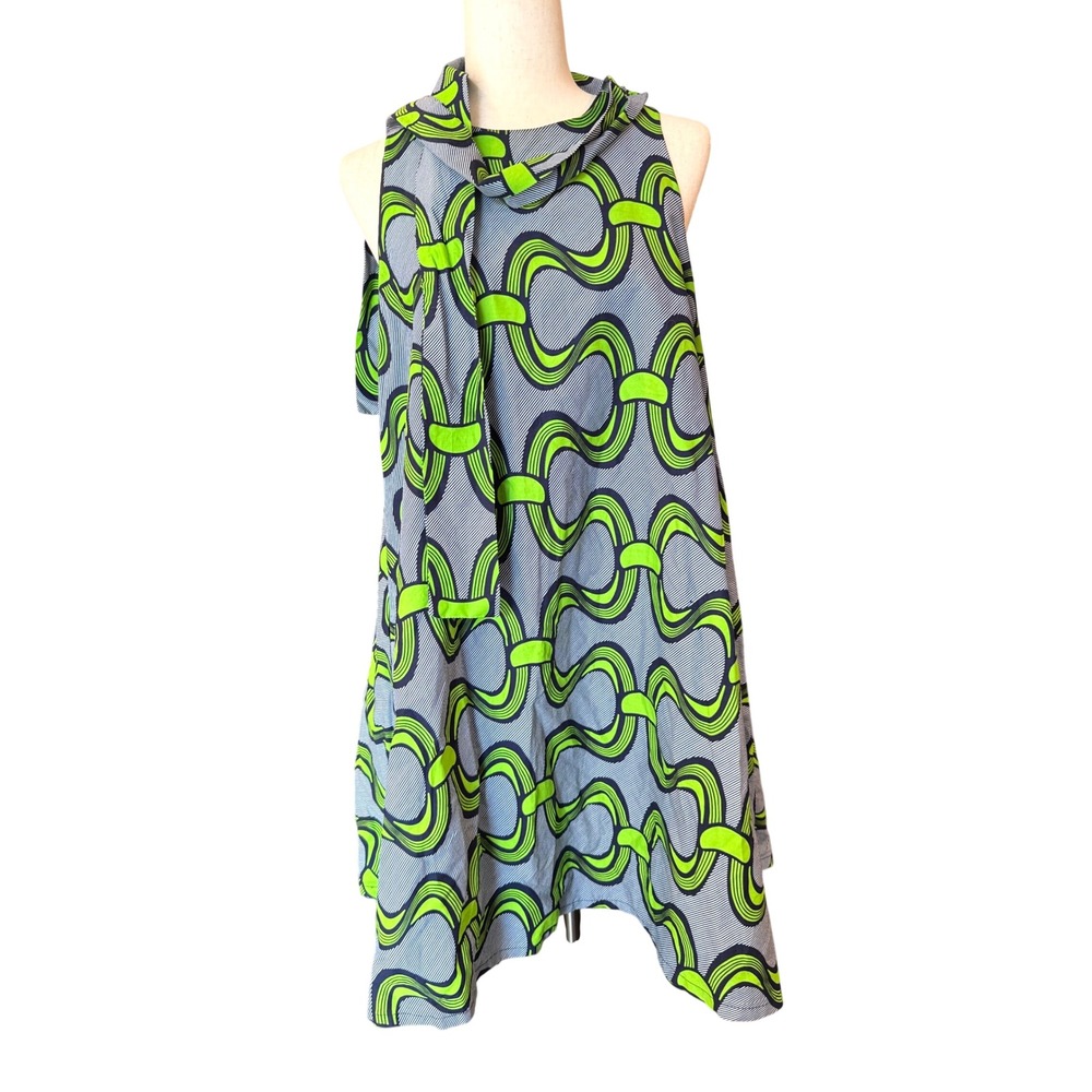 Ray Darten Shift Dress L Green Ankara Print Scarf boho rockabilly 70s